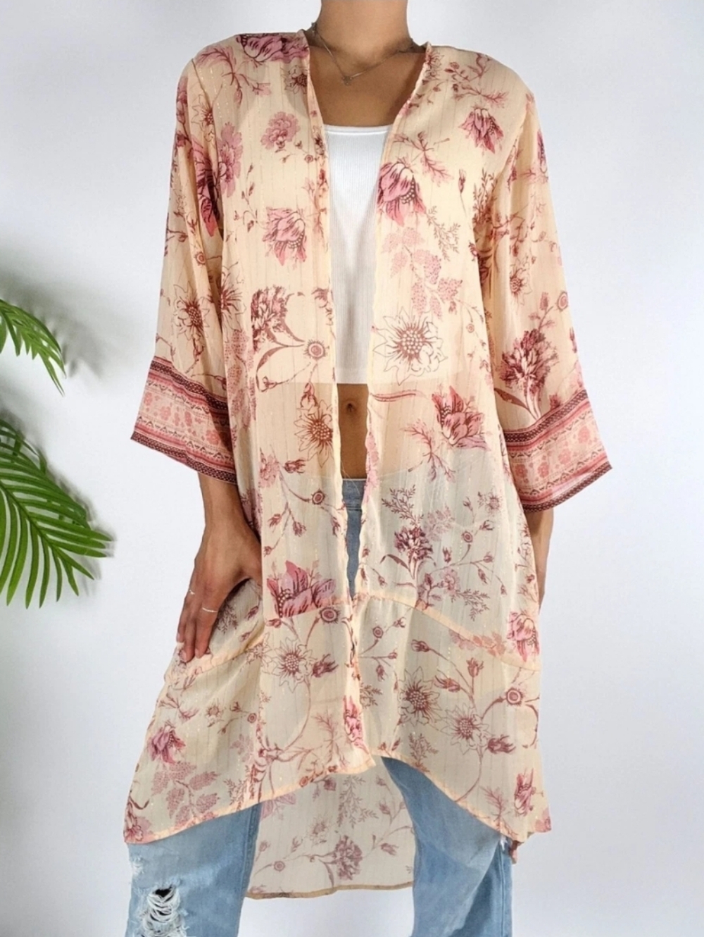 Maurices Pink Floral Sheer Kimono 3X Boho Open Front Lightweight Beach Cover-up